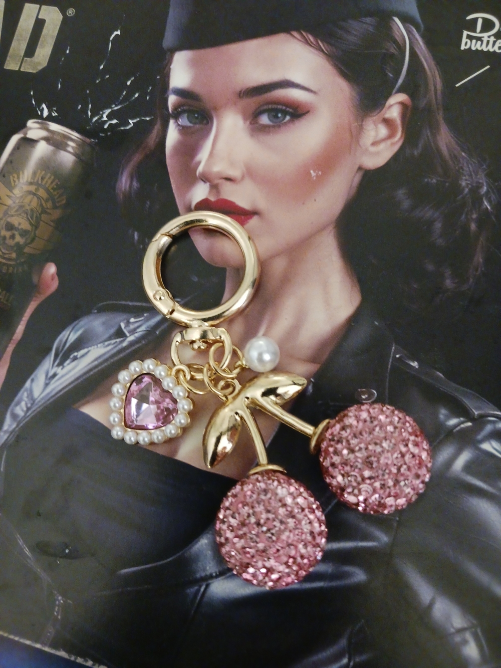 Pink Cherry Keychain with Heart Charm - Picture 6 of 10